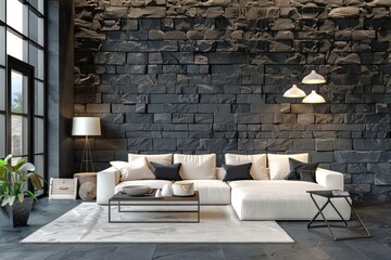 Poster - A cozy modern living room with a natural stone accent wall, perfect for home decor and interior design projects