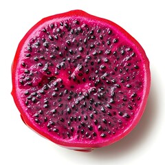 Wall Mural - Halved Dragonfruit Showing Deep Red Flesh and Black Seeds on White Background