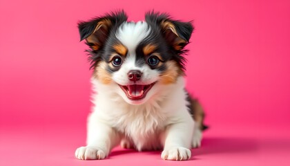 Portrait of an adorable fluffy Papillon puppy. Little smiling dog lying on a bright, modern raspberry pink background.