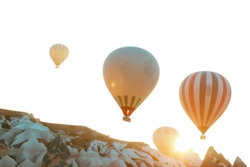 Poster - A group of colorful hot air balloons soaring above a mountain landscape