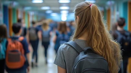 Poster - teenage students in high school hall unrecognizable