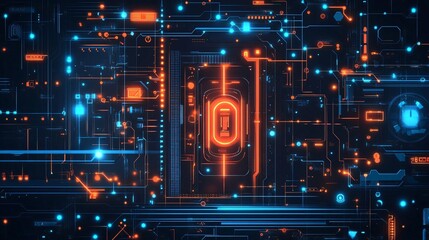 Poster - Futuristic circuit board design with vibrant orange and blue lights, showcasing technology and digital innovation.