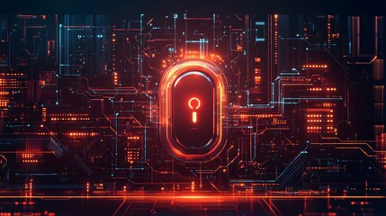 Poster - Dynamic digital lock with glowing circuits representing security, technology, and data protection in a futuristic setting.