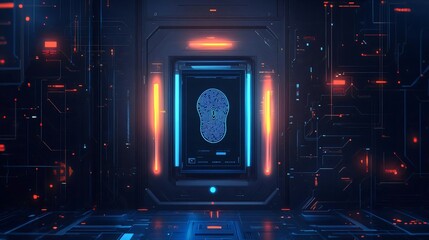 Poster - Futuristic digital environment featuring a fingerprint scan against a high-tech backdrop, illuminated by neon lights.