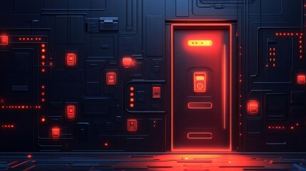 Poster - Futuristic door in a high-tech environment, illuminated with neon red lights, showcasing advanced digital circuitry and design.