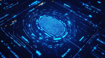 Poster - Futuristic fingerprint scan depicting digital security and technology in a blue neon aesthetic. Ideal for tech and cybersecurity themes.
