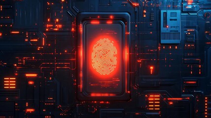 Poster - Futuristic technology design featuring a glowing fingerprint against a digital circuit background. Ideal for innovation themes.