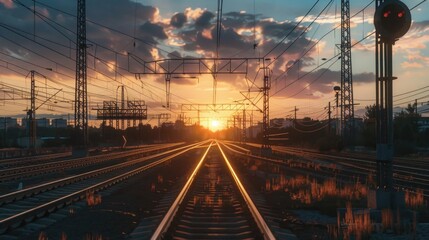 Poster - Railway tracks stretching into the distance as the sun sets behind, creating a warm and serene atmosphere
