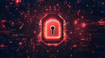 Poster - A futuristic digital representation of a lock, symbolizing cybersecurity and data protection in a vibrant red and blue design.