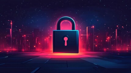 Poster - A glowing digital padlock symbolizes security and protection in a vibrant, futuristic background filled with light.