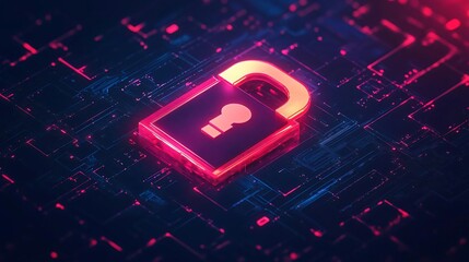 Poster - A glowing padlock symbolizing cybersecurity and data protection in a digital environment. Modern technology concept abstract design.
