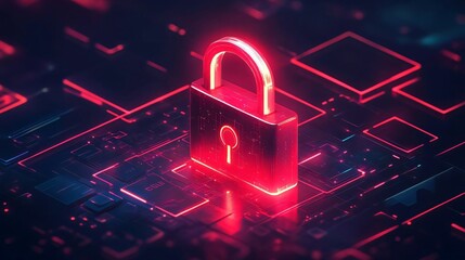 Poster - A glowing digital padlock symbolizing cybersecurity and data protection in a high-tech environment.