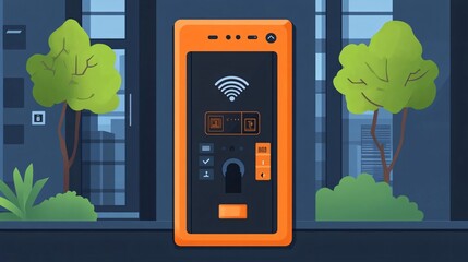 Poster - A modern digital kiosk featuring wireless technology in an urban setting, surrounded by greenery and contemporary architecture.