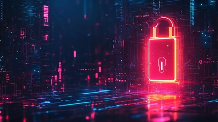 Poster - A vibrant digital scene with a glowing lock, symbolizing cybersecurity and data protection in a technological environment.