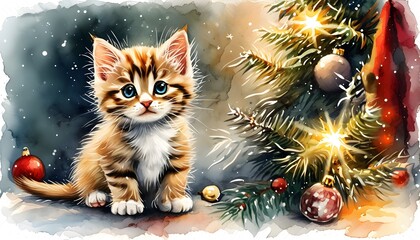 A warm picture of two cute kittens under pine branches and winter decorations.