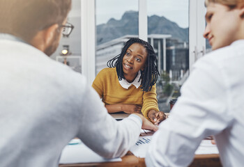 Aufkleber - Business people, woman and discussion on report in office, teamwork and market research for idea. Employees, documents and review proposal in workplace, talking and notes for feedback in meeting