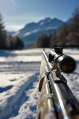 Poster - Close-up shot of a rifle in snowy environment