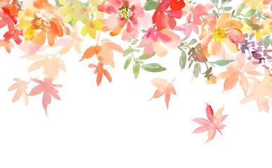 Wall Mural - A watercolor vector illustration of autumn leaves and flowers for a background. An abstract botanical frame with an autumn vibe, painted in watercolor.