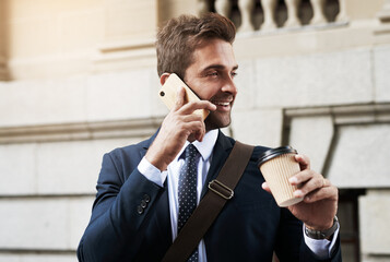 Sticker - Business man, phone call and coffee in city, travel or listen at court with contact for lead, case and information. Person, attorney or corporate lawyer with smartphone, drink and talk for networking