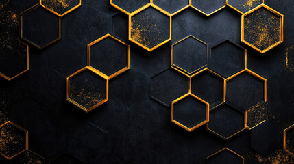 Poster - Modern technology, science or business concept. Abstract black background with hexagon pattern. Geometric shapes for technology digital presentation. Futuristic geometric pattern. Copy space area