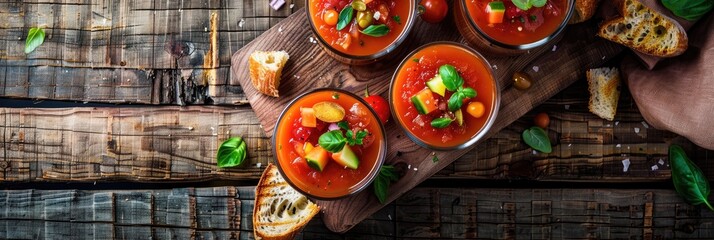 Canvas Print - Chilled Gazpacho in Glasses Accompanied by Crisp Bread on Wooden Surface, Aerial Perspective