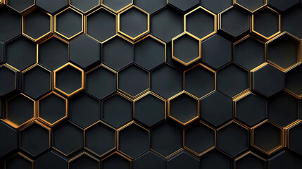 Poster - Modern technology, science or business concept. Abstract black background with hexagon pattern. Geometric shapes for technology digital presentation. Futuristic geometric pattern. Copy space area