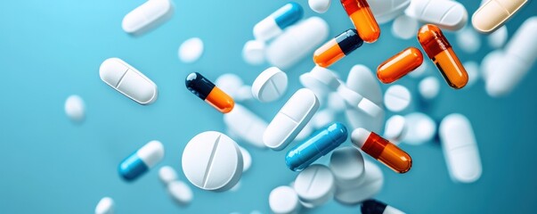 Colorful assortment of various pills and capsules floating in mid-air, showcasing the diversity of medications available.