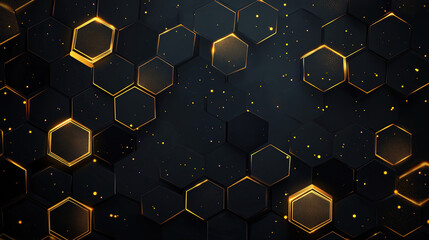 Poster - Modern technology, science or business concept. Abstract black background with hexagon pattern. Geometric shapes for technology digital presentation. Futuristic geometric pattern. Copy space area