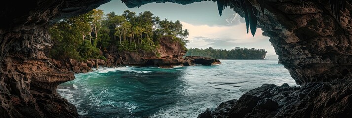 Wall Mural - Natural forest scenery viewed from a coastal cave framed by weathered rock formations.