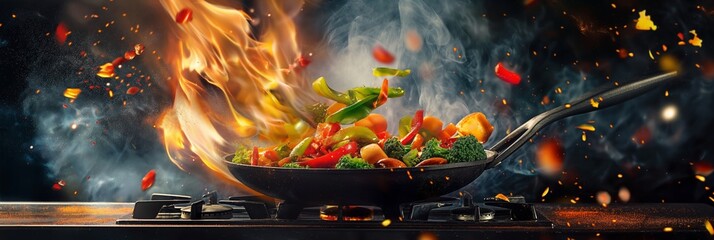 A dynamic image of a stir fry dish with an array of vegetables tossed in a pan, accompanied by dramatic flames and intense cooking action.