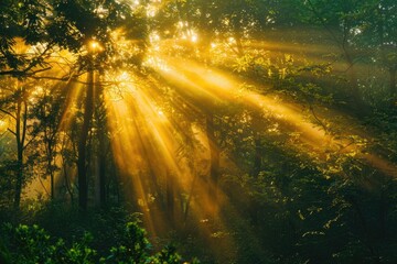 Poster - A scene with sunlight shining through the treetops of a dense forest