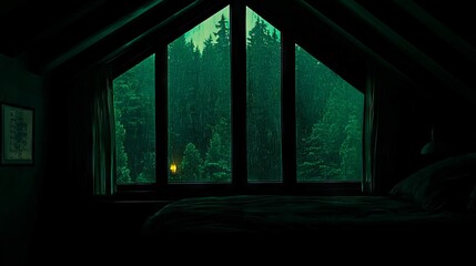 Poster - A bedroom with a bed and a window with a view of the forest