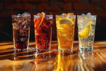 Aufkleber - A collection of glasses filled with different beverages, ideal for showcasing a variety of drinks at an event or in a bar