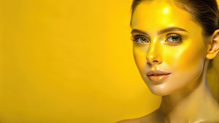 Poster - Woman with Yellow Face Paint Against a Yellow Background