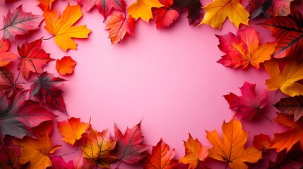 Wall Mural - A frame made of colorful autumn leaves on a pink background