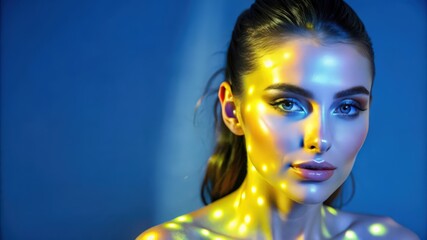 Poster - Close-up Portrait of a Woman with Glittering Skin under Colorful Lights