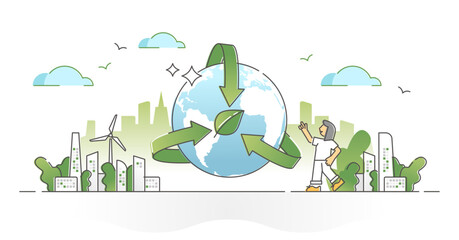 Wall Mural - Environmental awareness as earth sustainability and resources preservation outline concept, transparent background. Green nature and ecology protection with recycling.