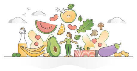 Wall Mural - Healthy eating lifestyle with fresh organic food ingredients outline concept, transparent background. Health diet with raw vegetables, greens, legumes, fruits and fishes illustration.