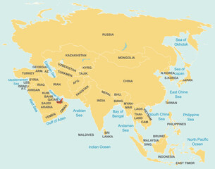  Highlighted map of UNITED ARAB EMIRATES inside detailed blank flat political map of the Asian continent on isolated background