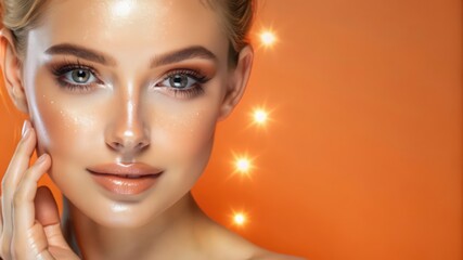 Poster - Close-up portrait of a woman with glowing skin and soft lighting.