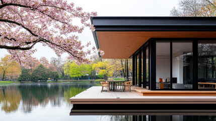 Wall Mural - A house with outdoor seating areas by lake cherry blossom, nature architecture