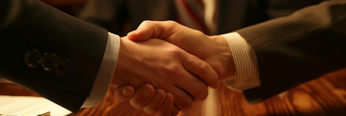 Wall Mural - The image showcases a close-up view of two business professionals clasping hands in a handshake, representing trust, agreement, and cooperation.