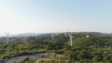 Wall Mural - A cluster of wind turbines for generating electric power in a valley surrounded by green forest. wind generator Environmentally sustainable energy concept. Top view from a drone