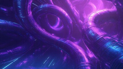 Wall Mural - 7. A labyrinth of twisting, glowing tubes set against a backdrop of deep blues and purples