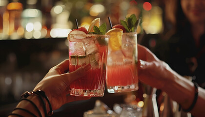 People clinking glasses with fresh cocktails in bar, closeup