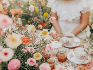 Sustainable Afternoon High Tea Party in Urban Garden Young Eco-Conscious Adults Enjoying Organic Tea and Snacks in Casual Elegant Attire