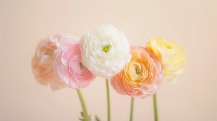 Poster - Pastel Ranunculus Floral Arrangement Against Soft Beige Background with Bright Diffused Lighting and Minimalist Aesthetic
