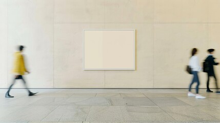 Aufkleber - Elegantly Minimalistic Indoor Scene with Blurred Pedestrians, Soft Beige Textured Wall, and Blank Poster for Mockup Content - Low-Angle Daytime View
