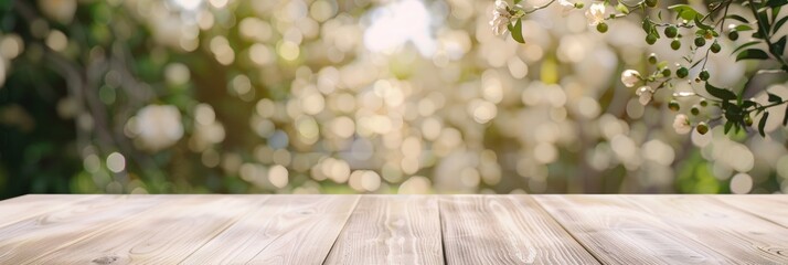 Aufkleber - Light Beige Wooden Table with Soft Sunlit Garden Bokeh Background - Minimalist, Tranquil, Serene, Low-Angle, Pastel Tones - Product Display Ready, Early Evening
