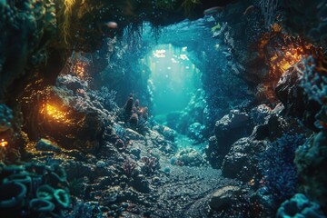 Aufkleber - A serene underwater scene featuring a cave with a warm light at the end